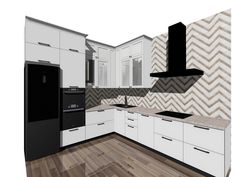 a kitchen with white cabinets and black appliances