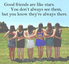 four girls standing in a row with their arms around each other and the words good friends are like stars