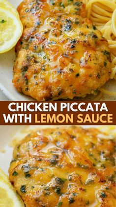 chicken piccata with lemon sauce is shown on a plate next to sliced lemons