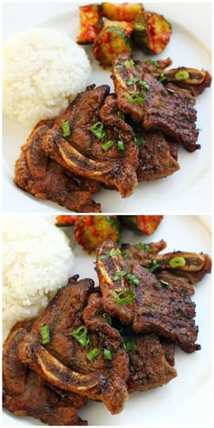 two pictures of some meat and rice on a plate