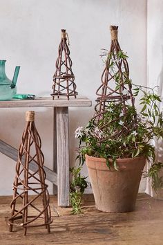 three small trees made out of sticks and plants in pots on a table with a watering can