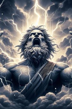 a man with long hair and beard standing in the middle of clouds surrounded by lightning