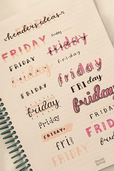 a notebook that has some writing on it with the words friday and friday written in different languages