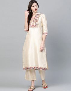 White Poly Silk Palazzo Suit White Machine Work:Arabic Attire #ladiesprintedsuit #newfashionsuit #kurtasalwarladies #salwaarkameezneckdesigns #salwaarpattern #longkameez #ladiessuitwithprice #salwarskameezneckdesigns #peachsuitsforladies #salwarspatterns #salwaarpatterns #modernsuitforladies #designersuitsdiscount #simplesuitsalwar #whatisashalwarkameez #salwarkameezforwomen #beautifulsuit #suitlikedress #latestsalwarkameezfashion #designersalwarkameezonlineshopping Silk Kurti, Indian Kurta, Palazzo Suit, Chinese Collar, Silk Bottoms, Straight Kurta, Cream Colour, Madurai, Silk Dupatta