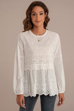 White White Eyelet Blouse, Round Neck Long Sleeve Top, Eyelet Blouse, Eyelet Embroidery, Embroidery Top, Scallop Trim, Round Neck Shirt, Eyelet Top, Chic Blouses