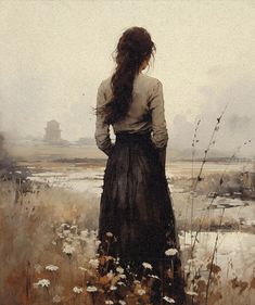 a painting of a woman standing in a field looking out at the water and grass