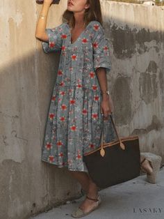 Lasaky - Delicate Floral Lace Kimono-Style Dress Small Floral Print Dress, Moda Kimono, Half Sleeve Women, Kimono Style Dress, Printed Casual Dresses, Floral Dress Casual, Lace Kimono, Elegante Casual, V Neck Midi Dress