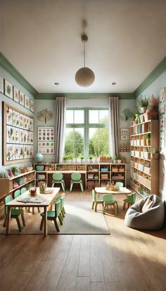 a child's playroom with wooden tables, chairs and pictures on the wall