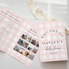 a pink and white checkered welcome card for a baby shower with photos on it