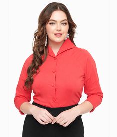 This vibrant, red 1950s beauty features a classic front button-up design that effortlessly blends vintage flair with modern style. The three-quarter length sleeves add just the right touch of elegance for any occasion. Made from soft, breathable fabric, you’ll feel as fabulous as you look all day long..Available in sizes XS-4X while supplies last. | Royal Monk 1950S Red Button Up Celia Blouse | Size Xlarge Fitted Formal Shirt With 3/4 Sleeve, Classic Half Sleeve Tops With Button Closure, Red Blouse For Office Wear, Formal Blouse With 3/4 Sleeves And Button Closure, Fitted Blouse With 3/4 Sleeves And Button Cuffs, Red Semi-formal Button-up Top, Red Retro Formal Tops, Retro Red Formal Tops, Red Button-up Top For Semi-formal Occasions