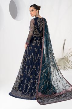 Royal Pakistani Blue Embroidered Lehenga Choli Wedding Dress is fully embellished with work of dabka, sequins, Tilla, and Resham Zardozi on a high flare lehenga. It is worn over a beautiful silk lehenga and is paired with a bright blue net dupatta. Embroidered Choli: ﻿This exceptionally stunning choli in Royal Blue color is heavily embroidered with kora dabka, Tilla, Resham, and zardozi work paired with a flared lehenga with scattered motifs and embellished border. Embroidered Lehenga: It is pai Flare Outfit, Black Lehenga Choli, Net Sleeves, Net Shirt, Pakistani Boutique, Black Lehenga, Lehenga Choli Wedding, Organza Lace, Shirt Trouser