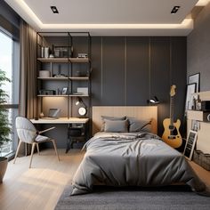 a bedroom with grey walls and wooden flooring has a guitar on the bed next to it