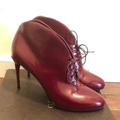 Wine Colored Gucci Regent Lace Up Stiletto Boots. Worn Only A Few Times. No Flaws Except Ware On Soles. With Box And Dust Bag. Sold Out. Shoes Gucci, Stiletto Boots, Wine Colored, Gucci Shoes, Womens Oxfords, Shoes Women Heels, Oxford Shoes, Dust Bag, Shoes Heels