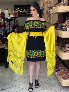 This Beautiful Off the Shoulder Mexican Dress is the perfect dress for a special event. It's comfortable and cute with elastic around the shoulder and waist for an adjustable fit. It is made out of cotton with lace details and is full of vibrant colors. This dress is handmade with love by Mexican Artisans in Puebla, Mexico. Please note: You have the option of purchasing the dress with the belt shown for a special price or purchasing the dress on its own. Mexican Fashion Modern, Mexican Theme Dresses, Mexican Dresses Traditional, Dress Latina, Mexican Traditional Dress, Latina Style, Mexican Sunflower, Traditional Mexican Dress, Fiesta Dress