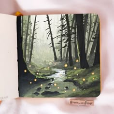 an open book with some lights in the woods