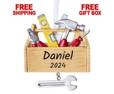 personalized christmas ornament with tools in a toolbox and free shipping gift box