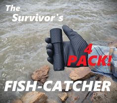 a man holding up his fish - catcher gloves over the water with text that reads, the survivor's 4 pack