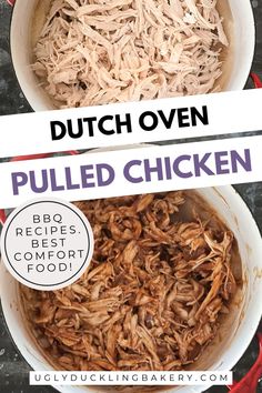 Craving comfort food recipes? Do you love BBQ pulled pork and pulled chicken sandwiches? This Dutch oven pulled chicken recipe creates the most succulent shredded chicken ever. Easy to make and perfect for BBQ chicken sandwiches or for pulled chicken tacos. So click now to check out how to poach boneless chicken breasts to make the best slow cooked pulled chicken!