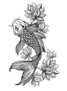 a black and white drawing of a koi fish with flowers on it's back