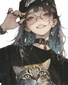 a drawing of a girl with glasses and a cat on her shoulder, wearing a hat