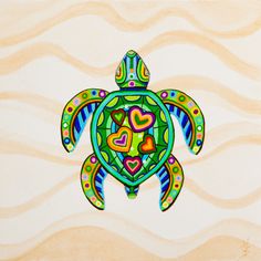 a painting of a turtle with hearts on it's shell and waves in the background