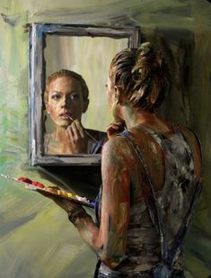 a painting of a woman looking at herself in the mirror