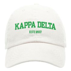 a white cap with the words kapa delta est 1989 printed on it in green