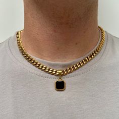 18K Gold Pendant with Black Enamel Gem styled Pendant on an 8mm Cuban Link.  We have added it to an 8mm Cuban link chain with an extra large bail for a brutalist style. Made using black enamel & recycled stainless steel. We do have the option for the onyx version to be purchased but the black enamel is better suited for this piece since the gem cannot fall out. Available in 18K Gold or Silver.  DETAILS Chain style: Curb (8mm) Materials: Stainless Steel & 18K Gold PVD Plating Twistedpendant Logo Necklace For Men Gold, Chain With Pendant, Luxury Jewelry Box, Gemstone Pendant Necklace, Mens Necklace, Necklace For Men, Cuban Link Chain, Gemstone Necklace Pendant, Men's Necklace