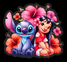 the character lil and stitch is sitting next to each other with flowers in their hair