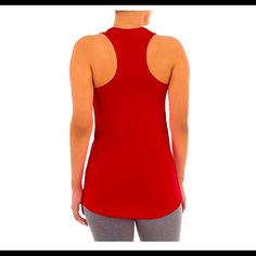 Materials: 92% Recycled Poly/8% Sueded Spandex Crew Neck Racerback Moisture Wicking Technology Relaxed Fit Machine Washable Red Stretch Tank Top For Gym, Stretch Red Racerback Activewear, Red Racerback Stretch Activewear, Red Stretch Racerback Activewear, Red Stretch Tank Top For Workout, Red Sporty Racerback Top, Sporty Red Racerback Top, Red Racerback Tank Top For Gym, Red Racerback Athleisure Tops