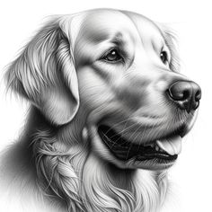 a black and white drawing of a golden retriever dog's head with its tongue out