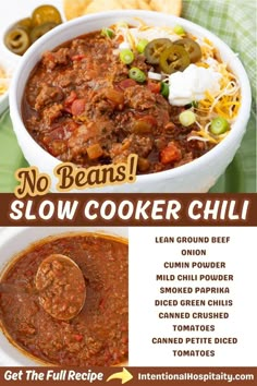 an advertisement for slow cooker chili with instructions to make it and how to use it