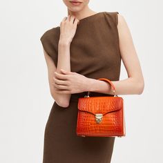 Midi Mayfair Bag in Marmalade Ombre Croc | Aspinal of London Vintage Styling, Aspinal Of London, Signature Hardware, Orange Leather, Bag Design, Marmalade, Printed Bags, Handle Bag, Full Grain Leather