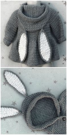 crocheted baby sweater with bunny ears on the front and back, made from grey yarn