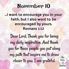 a poem written in pink and white with hearts on the background that says, november 10 i want to enlarge you in your faith, but also want to be engaged by yours