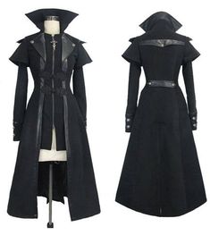 Serenity Women's Gothic Trench Coat Fancy Trench Coat, Long Black Coat Outfit, Cybergoth Outfits, Gothic Suit, Gothic Trench Coat, Goth Coat, Bsd Oc, Cybergoth Fashion, Black Coat Outfit