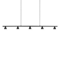 a black and white photo of three lights hanging from a ceiling fixture with one light in the middle