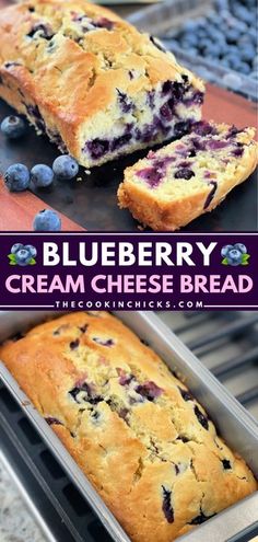 blueberry cream cheese bread is cut in half and ready to be served on the grill