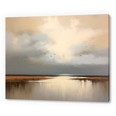 a painting of birds flying in the sky over a body of water on a cloudy day