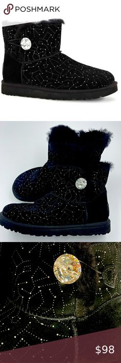 UGG Mini Bailey Bling Button Constellation Boots Black Size 9 EUC Constellation Boots, Ugg Mini Bailey, Mini Baileys, Ugg Mini, Ugg Shoes, Suede Boots, Boots Black, Constellations, Black Boots