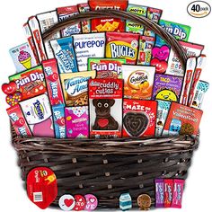 a basket filled with lots of candy and snacks