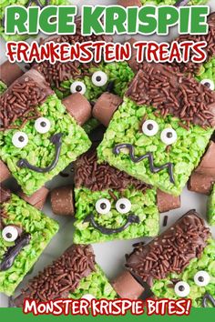 green rice krispy treats with googly eyes on them and the words, monster krispies