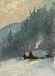 a painting of a snowy landscape with trees