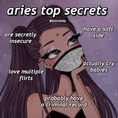 a woman with her face covered in glitter and the words aris top secrets on it