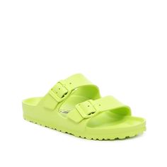 Birkenstock-Arizona Essentials EVA Slide Sandal - Women's The women's Arizona Essentials sandal is right on trend and fits into your warm weather wardrobe thanks to their casual silhouette. These vibrant slides from Birkenstock feature a flexible EVA material and a waterproof finish for easy care. Neon Sandals, Arizona Eva, Heeled Flip Flops, Green Sandals, Trending Sandals, Footbed Sandals, Trending Sneakers, Pool Days, Kids Sandals