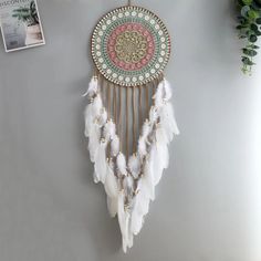 a white dream catcher hanging on the wall next to a potted plant and pictures