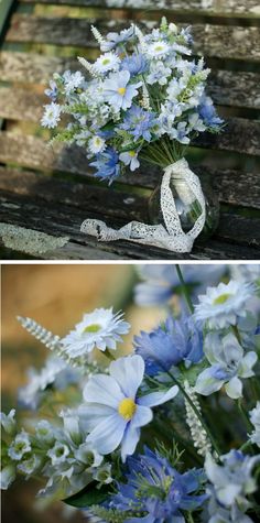 blue flowers in a vase sitting on top of a wooden bench next to another bouquet