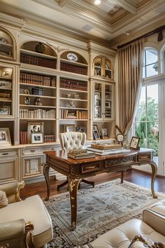 a living room filled with lots of furniture and bookshelves next to a window