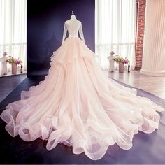 Elegant Champagne Puffy Wedding Dresses 2018 Ball Gown Lace Flower Cascading Ruffles Scoop Neck Long Sleeve Royal Train Wedding Pink Organza Wedding Dress, Pink Wedding Gown With Detachable Train, Pink Ruffled Ball Gown For Wedding, Organza Ball Gown Wedding Dress With Ruffles, Wedding Gown With Ruffles In Organza, Wedding Ball Gown With Ruffles, Ruffled Ball Gown For Wedding, Wedding Tulle Ball Gown With Ruffles, Wedding Ball Gown With Tulle Ruffles