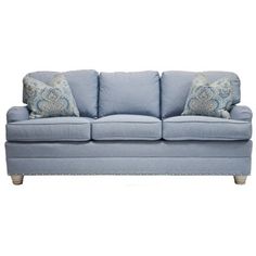 a light blue couch with two pillows on it's back and one arm facing the camera